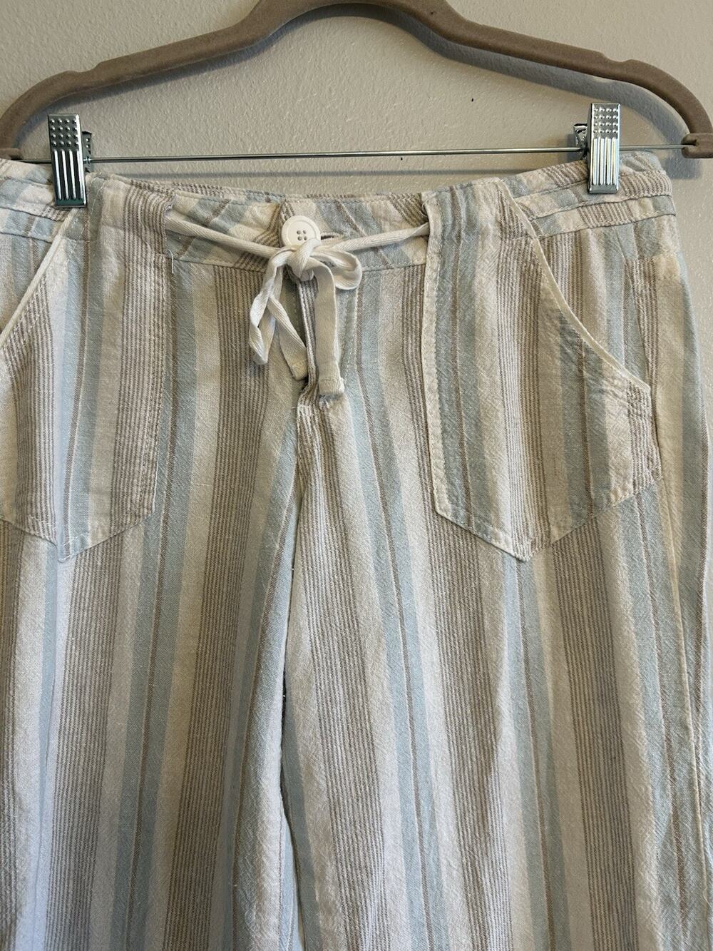 Jolt Womens S Linen Blend Blue Gray Striped Beach Casual Paperbag Wide Leg Pants